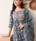 Maroon embroidered chikankari  pure cotton grey straight kurta pant dupatta set