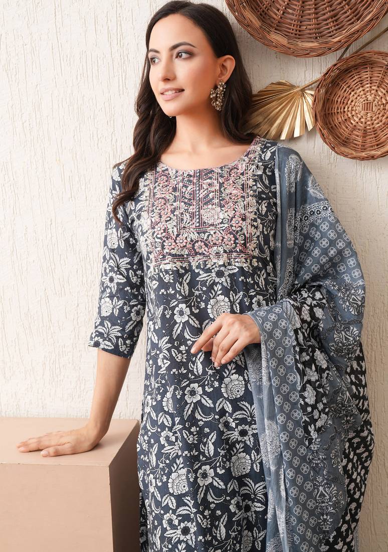 Maroon embroidered chikankari  pure cotton grey straight kurta pant dupatta set