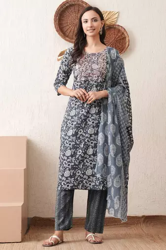 Maroon embroidered chikankari  pure cotton grey straight kurta pant dupatta set