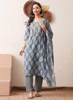 Gold embroidered chikankari  pure cotton grey straight kurta pant dupatta set 1