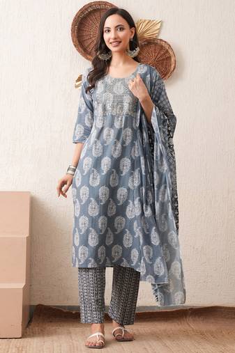 Gold embroidered chikankari  pure cotton grey straight kurta pant dupatta set