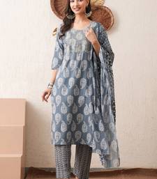 Gold embroidered chikankari  pure cotton grey straight kurta pant dupatta set