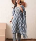 Gold embroidered chikankari  pure cotton grey straight kurta pant dupatta set