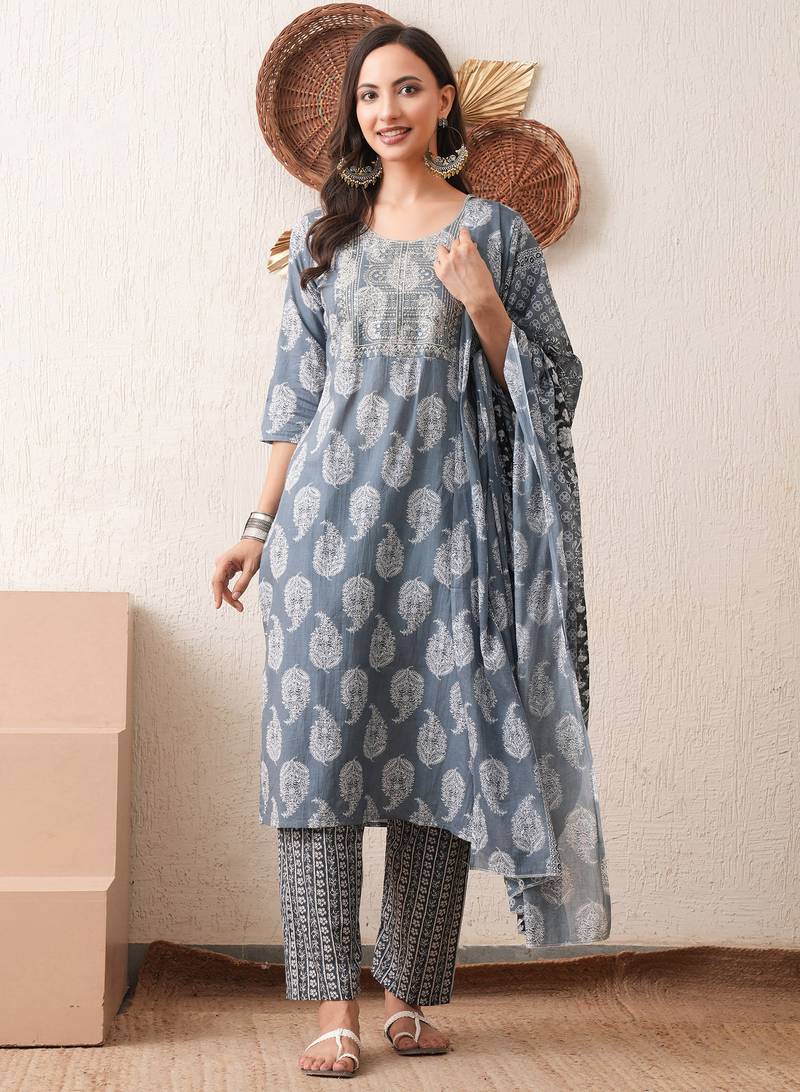 Gold embroidered chikankari  pure cotton grey straight kurta pant dupatta set