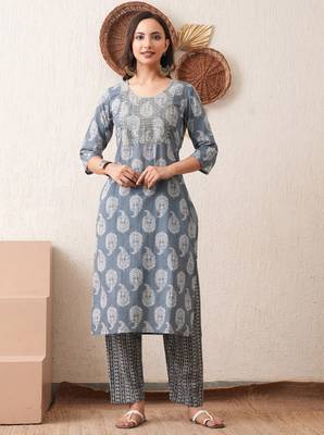 Gold embroidered chikankari  pure cotton grey straight kurta pant dupatta set 2