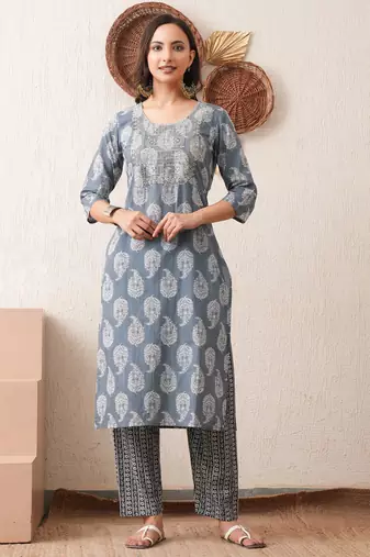 Gold embroidered chikankari  pure cotton grey straight kurta pant dupatta set