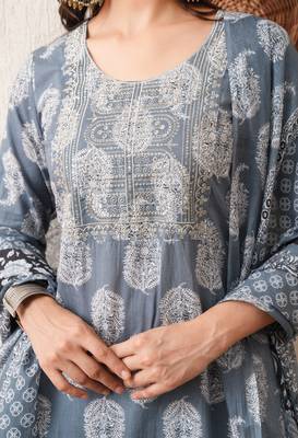 Gold embroidered chikankari  pure cotton grey straight kurta pant dupatta set 3