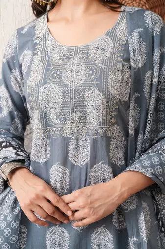 Gold embroidered chikankari  pure cotton grey straight kurta pant dupatta set
