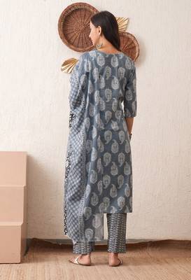 Gold embroidered chikankari  pure cotton grey straight kurta pant dupatta set 4