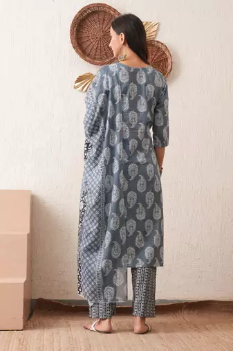 Gold embroidered chikankari  pure cotton grey straight kurta pant dupatta set