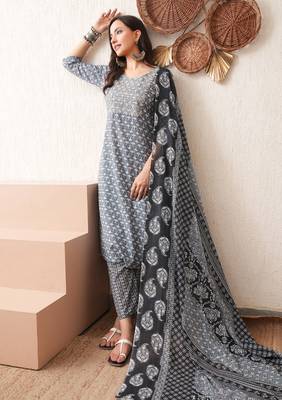 Gold embroidered chikankari  pure cotton grey straight kurta pant dupatta set 1