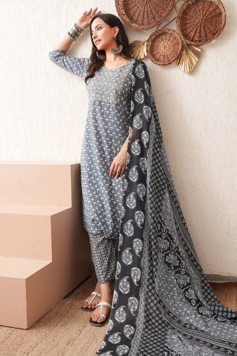 Gold embroidered chikankari  pure cotton grey straight kurta pant dupatta set