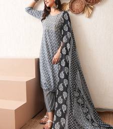 Gold embroidered chikankari  pure cotton grey straight kurta pant dupatta set