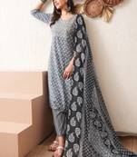 Gold embroidered chikankari  pure cotton grey straight kurta pant dupatta set