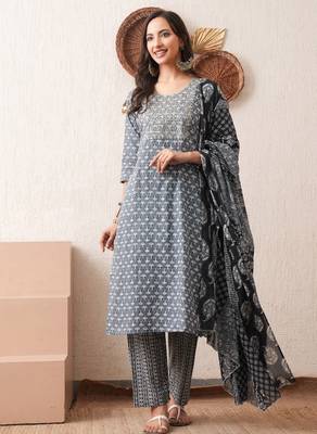 Gold embroidered chikankari  pure cotton grey straight kurta pant dupatta set 2
