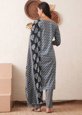Gold embroidered chikankari  pure cotton grey straight kurta pant dupatta set 3