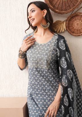 Gold embroidered chikankari  pure cotton grey straight kurta pant dupatta set 4