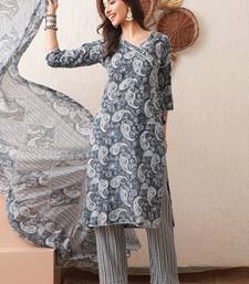 Women printed rayon occasional grey straight kurta pant dupatta set