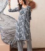 Women printed rayon occasional grey straight kurta pant dupatta set