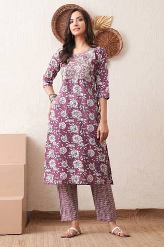 Gold embroidered chikankari  pure cotton dark purple straight kurta pant set