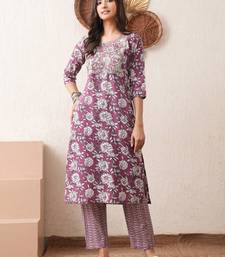 Gold embroidered chikankari  pure cotton dark purple straight kurta pant set