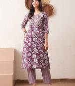 Gold embroidered chikankari  pure cotton dark purple straight kurta pant set