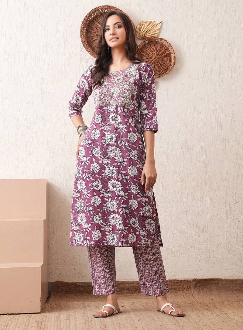 Gold embroidered chikankari  pure cotton dark purple straight kurta pant set