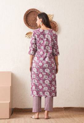 Gold embroidered chikankari  pure cotton dark purple straight kurta pant set 2