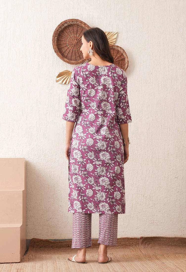 Gold embroidered chikankari  pure cotton dark purple straight kurta pant set