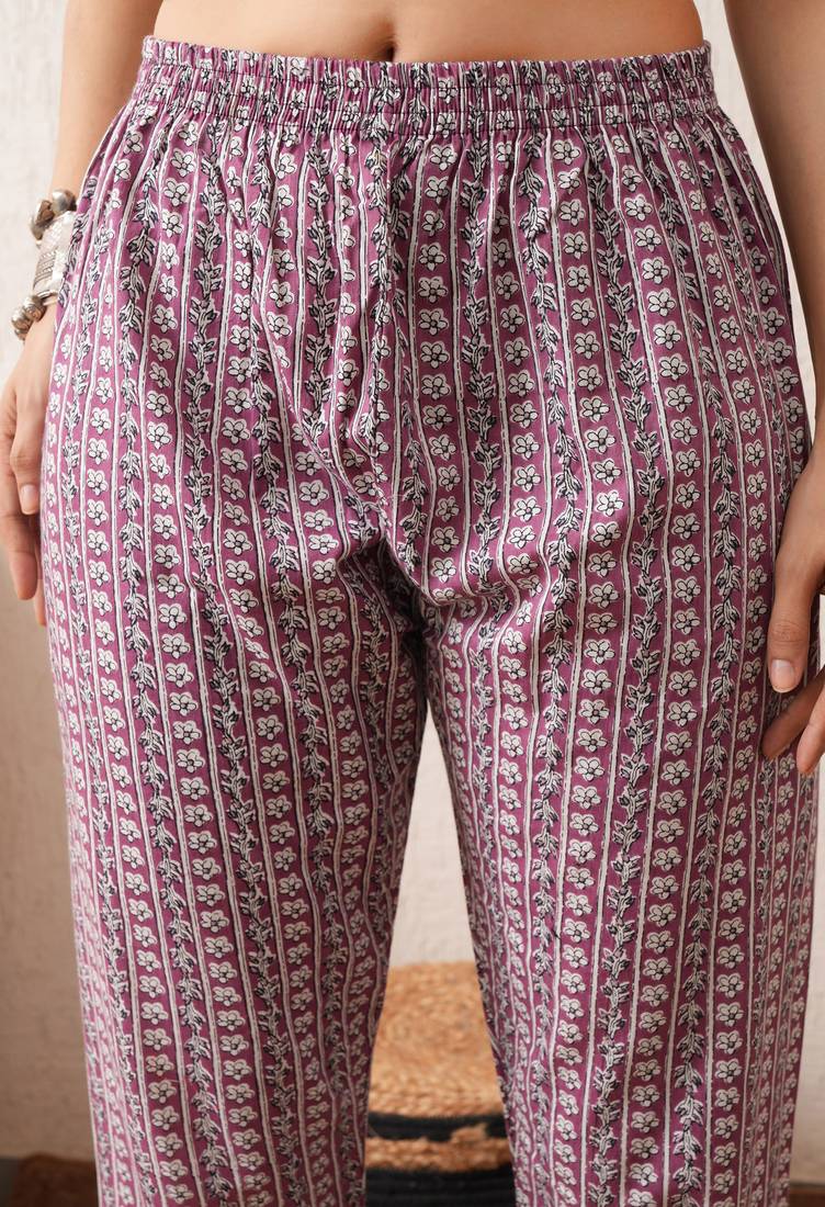 Gold embroidered chikankari  pure cotton dark purple straight kurta pant set