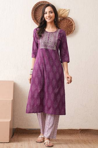 Gold embroidered chikankari  pure cotton dark purple straight kurta pant set