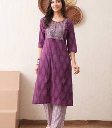 Gold embroidered chikankari  pure cotton dark purple straight kurta pant set