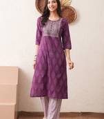 Gold embroidered chikankari  pure cotton dark purple straight kurta pant set
