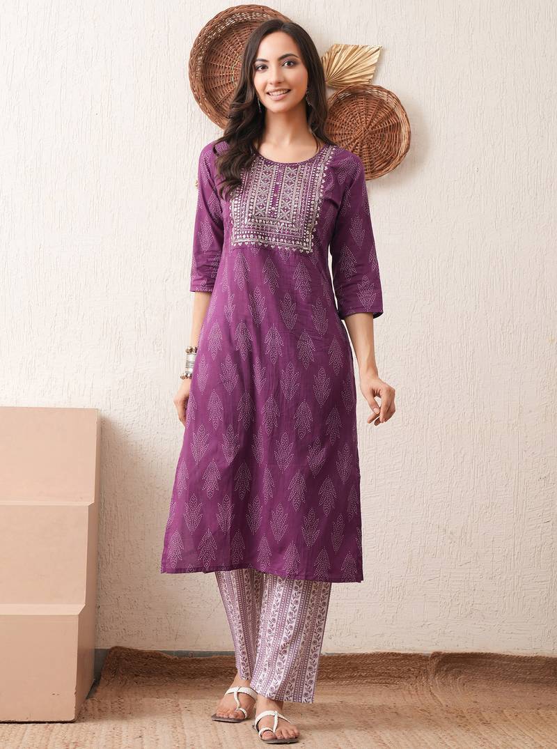 Gold embroidered chikankari  pure cotton dark purple straight kurta pant set