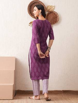 Gold embroidered chikankari  pure cotton dark purple straight kurta pant set 2