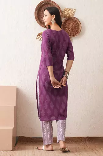 Gold embroidered chikankari  pure cotton dark purple straight kurta pant set