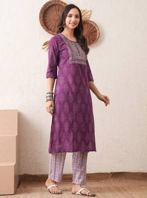 Gold embroidered chikankari  pure cotton dark purple straight kurta pant set 3