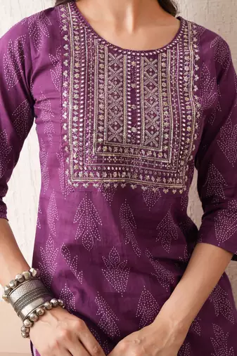 Gold embroidered chikankari  pure cotton dark purple straight kurta pant set