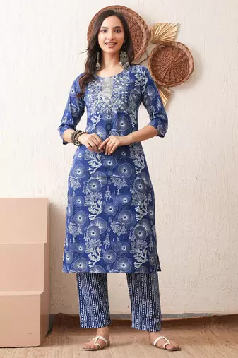 Gold embroidered chikankari  pure cotton blue straight kurta pant set