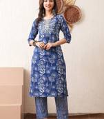 Gold embroidered chikankari  pure cotton blue straight kurta pant set