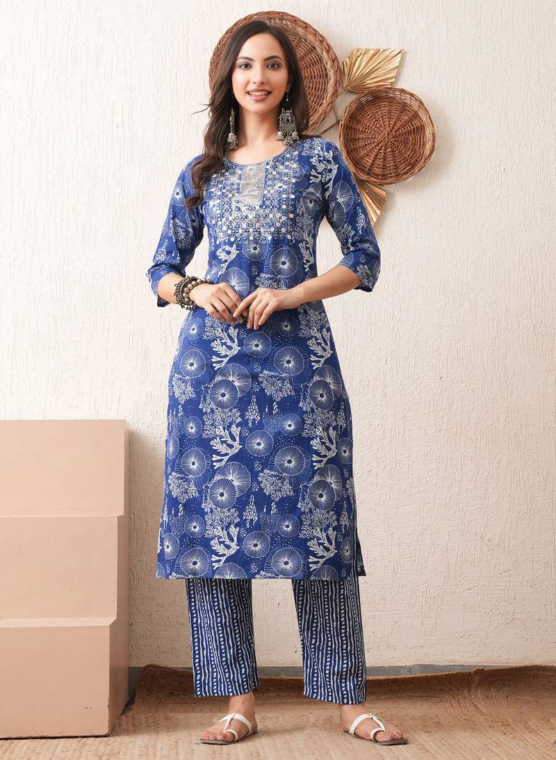 Gold embroidered chikankari  pure cotton blue straight kurta pant set