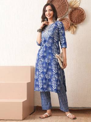 Gold embroidered chikankari  pure cotton blue straight kurta pant set 2