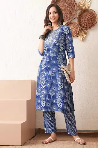 Gold embroidered chikankari  pure cotton blue straight kurta pant set
