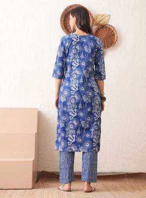 Gold embroidered chikankari  pure cotton blue straight kurta pant set 3