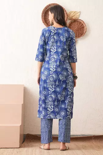 Gold embroidered chikankari  pure cotton blue straight kurta pant set