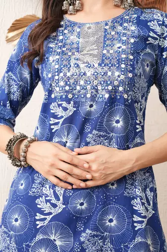Gold embroidered chikankari  pure cotton blue straight kurta pant set