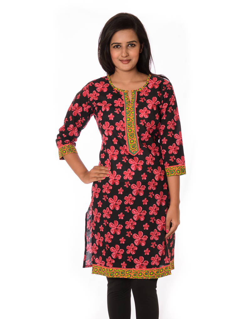 Black Kurti with Pink Floral Print