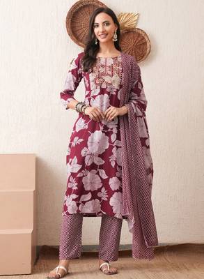 Gold embroidered chikankari  pure cotton maroon straight kurta pant dupatta set 1