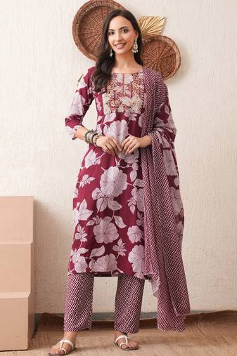 Gold embroidered chikankari  pure cotton maroon straight kurta pant dupatta set