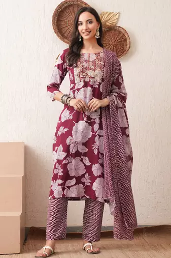 Gold embroidered chikankari  pure cotton maroon straight kurta pant dupatta set